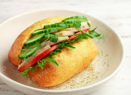 Preview: Sandwich With Homemade Baked Turkey Or Chicken Breast On A Ciabatta Bun With Tartar Sauce And Fresh