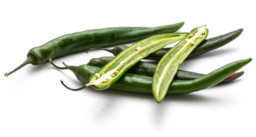 Preview: Group Of Green Chili Peppers, Whole And Two Halves, Isolated On White Background