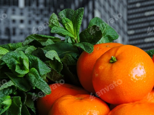 Preview: Mint And Fragrant Tangerine. Close Up.