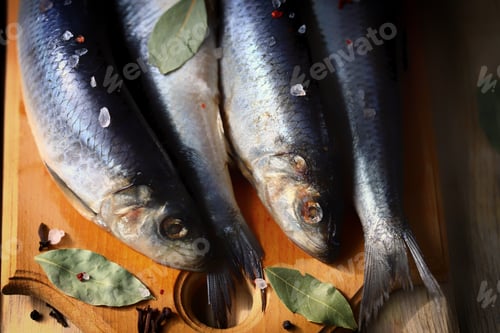 Preview: Selective Focus. Freshly Salted Herring With Spices. Norwegian Herring.