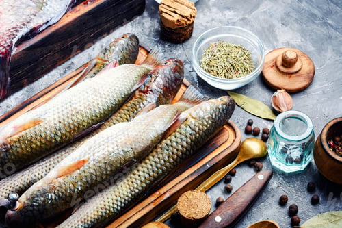 Preview: Seafood.Board With Fresh Fish And Spices.Raw Fish Cooking And Ingredients.