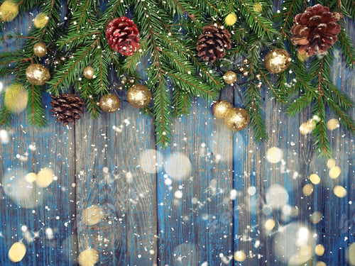 Preview: Christmas Background And Cones Decoration With Fir Branches On Wooden Board