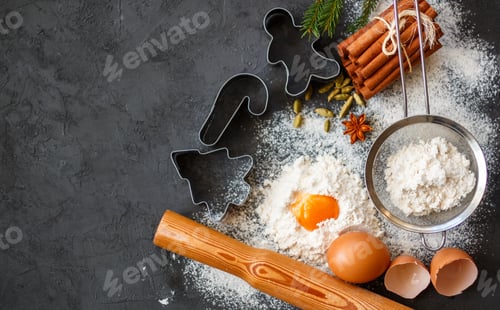 Preview: Cooking Christmas Baking. Ingredients For The Dough And The Spices On The Table. Flour, Eggs