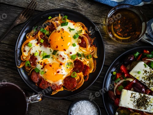 Preview: Continental Breakfast - Sunny Side Up Eggs On Sausages, Onion And Greek Salad On Wooden Table