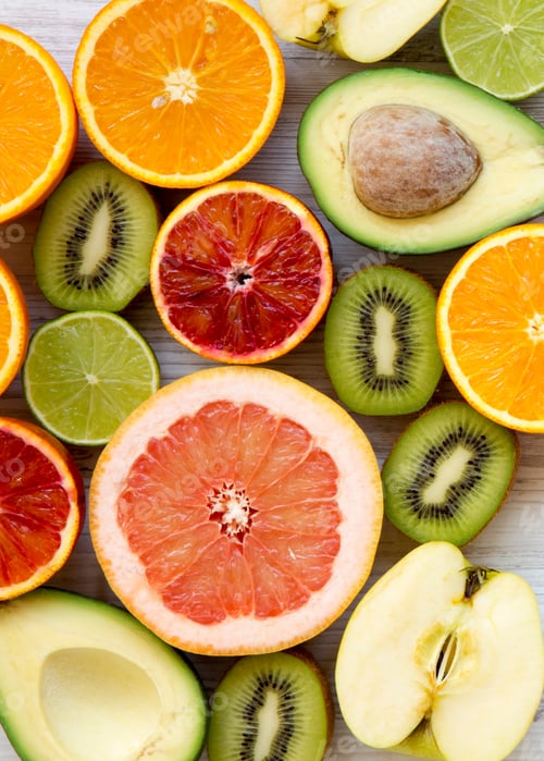 Preview: Various Fresh Fruits On White Wooden Background, Overhead View. Summer Background. Flat Lay, From