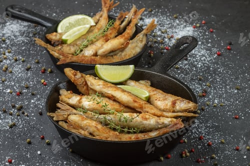 Preview: Fried Smelt In A Frying Pan On The Table With Spices, Lime And Thyme. Small Crispy Fish. Selective