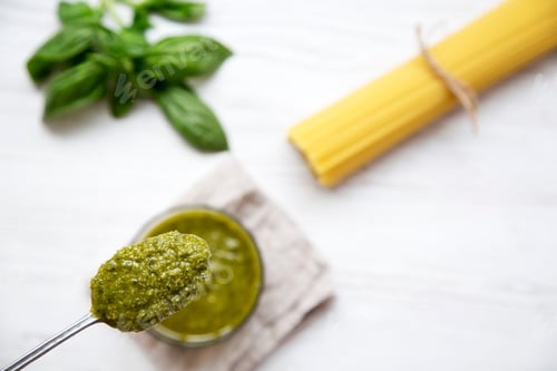 Preview: Spoon Of Basil Pesto, Top View. From Above.