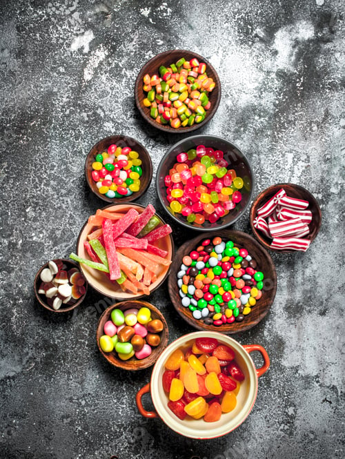 Preview: Multicolored Candy, Jelly And Marshmallows In A Bowl. On A Rustic Background.