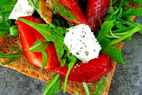 Preview: Fitness Snack. Toast With Strawberries And Arugula. Useful Toast With White Cheese, Strawberries