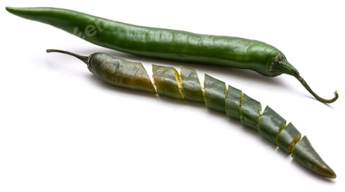 Preview: Sliced Green Chili Pepper And One Whole Isolated On White Background