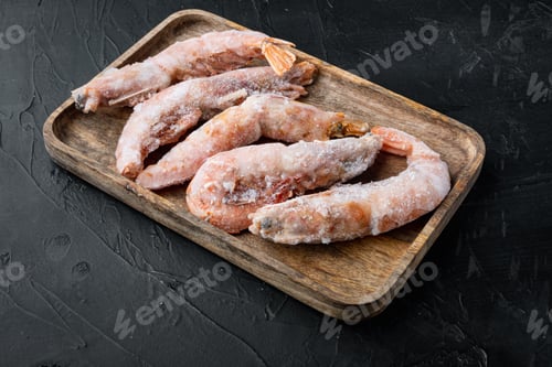 Preview: Large Frozen Red Shrimps Or Prawns Set, On Wooden Tray, On Black Background