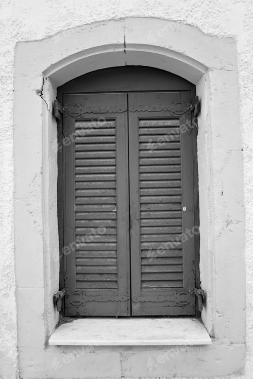 Preview: Window Of An Old Building In Hersonissos, Crete, Greece. Black And White.
