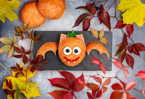 Preview: Halloween Burger (Sandwich) Of Sesame Bun, Sausage Or Ham, Cheese, Tomato Ketchup, Eggs, Olives And