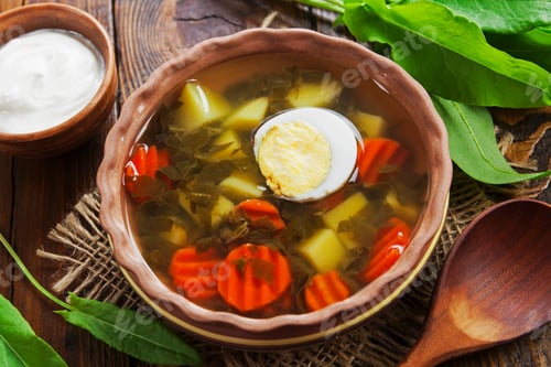 Preview: Sorrel Soup With Egg On Wooden Table