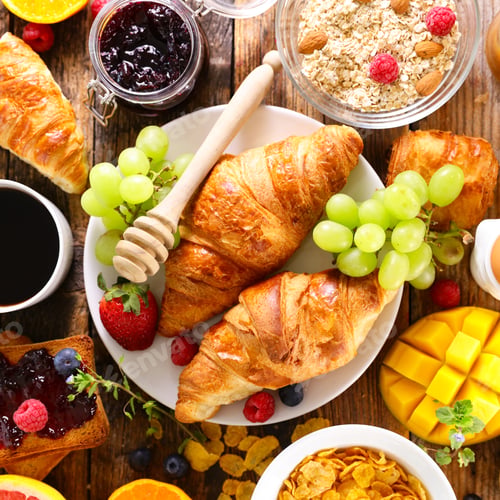 Preview: Breakfast- Coffee Cup, Croissant, Cereal And Fruit