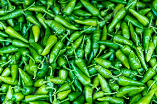 Preview: Close Up Of Green Chili Peppers. Top View Of Fresh Organic Green Peppers At Street Food Market