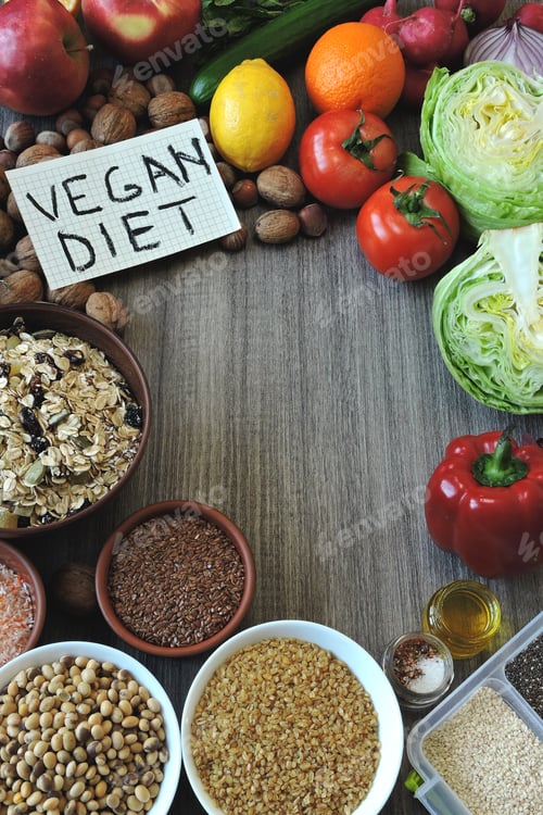 Preview: Set Of Vegan Products. A Note With The Inscription Vegan Diet.
