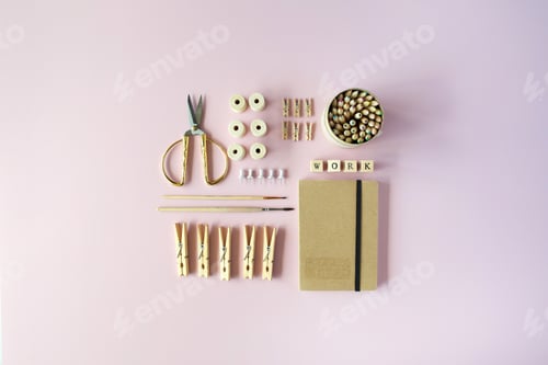 Preview: Flat Lay, Top View Brown Eco Style Office Table Desk. Feminine Working Supplies: Craft Diary