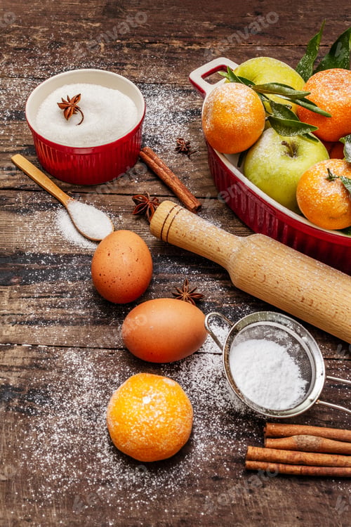 Preview: Christmas Baking Background. Raw Ingredients For Cooking Xmas Baking. Vintage Wooden Table, Close Up