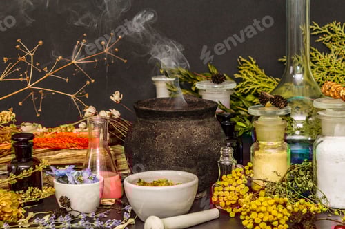 Visualização: Conceito de
Halloween. Laboratório de Alquimia da Bruxa. Frascos, retortas, caldeirão, almofariz
e pilão