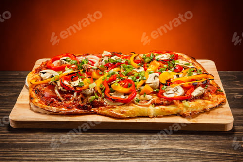 Preview: Pizza With Ham And Vegetables On White Background
