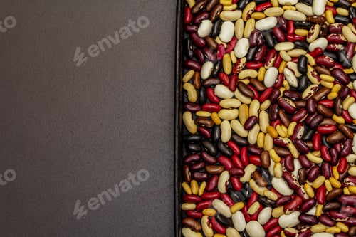 Preview: Assorted Different Types Of Beans In Baking Sheet. Set Of Various Dry Legumes On Black Stone
