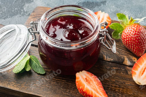 Preview: Jars Of Strawberry Jam With Berries, On Gray Background