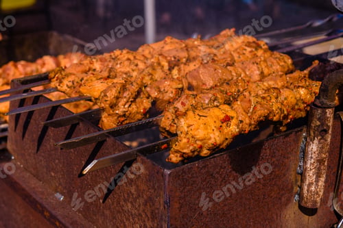 Preview: Skewers With Meat Over Charcoals. Cooking Shashlik