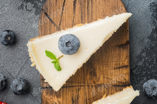 Preview: Classic New York Cheesecake, Sliced, On Gray Background, Top View Flat Lay
