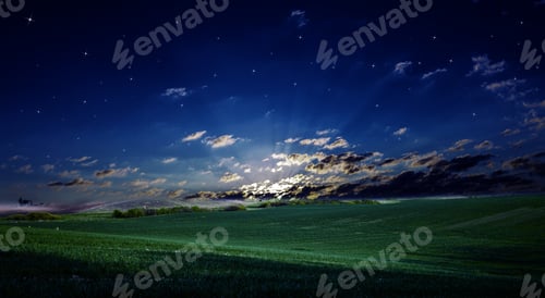 Preview: Green Night Field. Star Sky