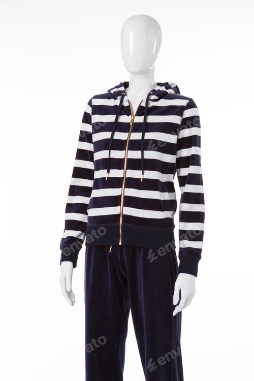 Preview: Hoodie And Pants On Mannequin. Navy And White Striped Swetshirt. Lady'S Sports Clothing Of Cotton