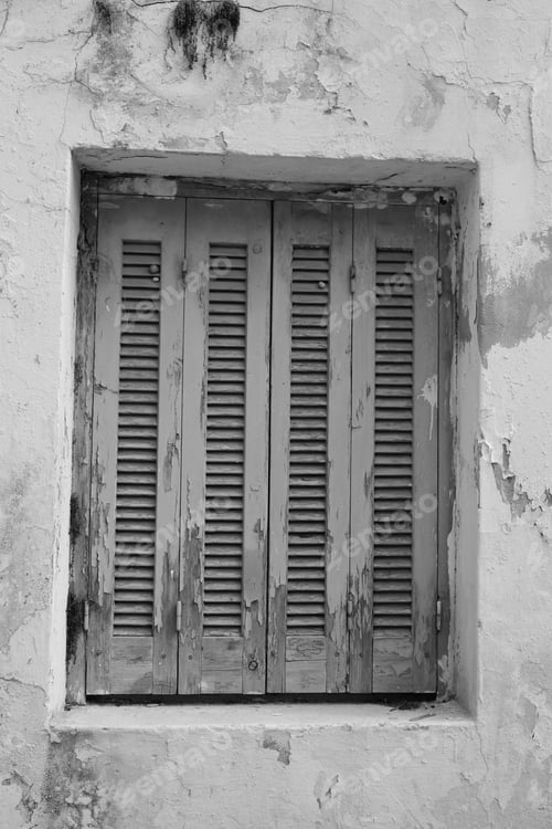 Preview: Window Of An Old Apartment Building In Malia, Crete, Greece. Black And White.
