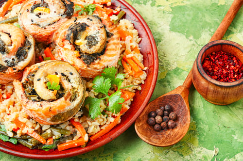 Preview: Fried Rice With Seafood.Thai Food.Rice With Salmon And Vegetables