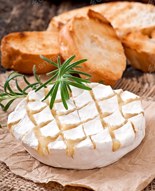 Preview: Baked Camembert Cheese With Rosemary And Toast Rubbed With Garlic