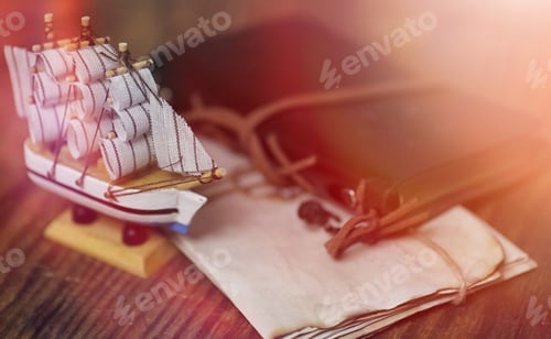 Preview: Old Wooden Ship With Sails And Masts Toy On A Stand. Vintage And Retro Toys