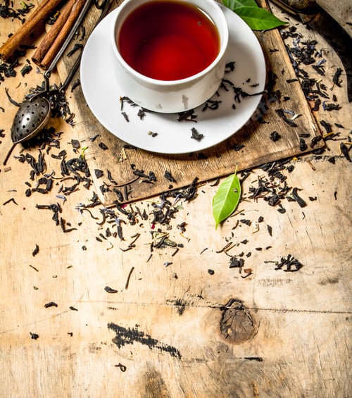 Preview: Tea With Leaves And Cinnamon. On Wooden Background.