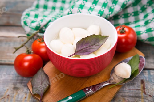 Preview: Fresh Mozzarella With Basilicas On Wooden Plate In Studio