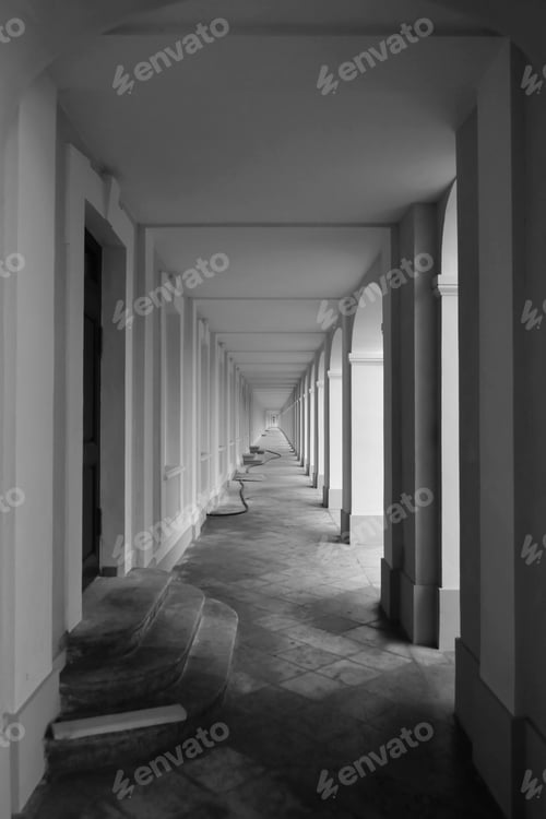 Preview: Colonnade Of Big Menshikovsky Palace In Oranienbaum, Outskirts Of St. Petersburg, Russia. Black And
