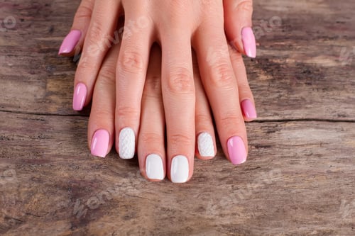Preview: White-Pink Spring Manicure On Vintage Background.