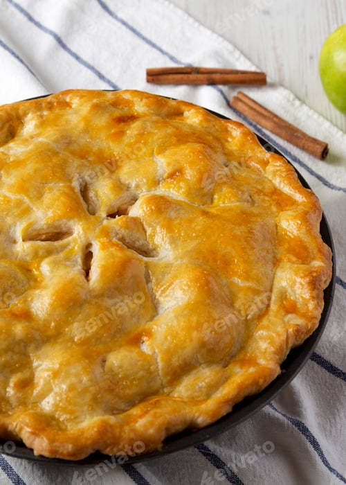 Preview: Homemade Apple Pie On Cloth, Side View. Close-Up.