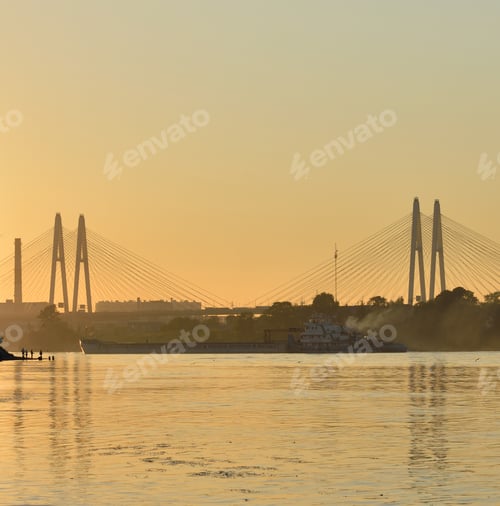 Preview: Cable Stayed Bridge And Neva River On The Outskirts Of St. Petersburg At Sunset, Russia.