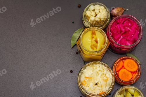 Preview: Assorted Of Fermented Vegetables In Glass Jars. Preserved Season Vegetables Concept, Probiotics