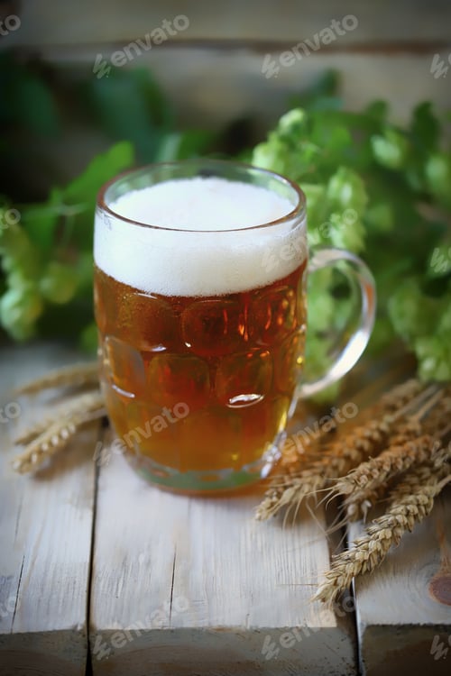 Preview: A Glass Of Fresh Wheat Beer. Hops And Ears Of Wheat.