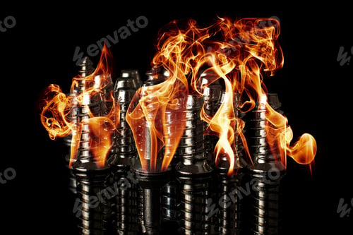Preview: Lot Of Metal Silver Bolts Burning Fire Isolated On Black Glass