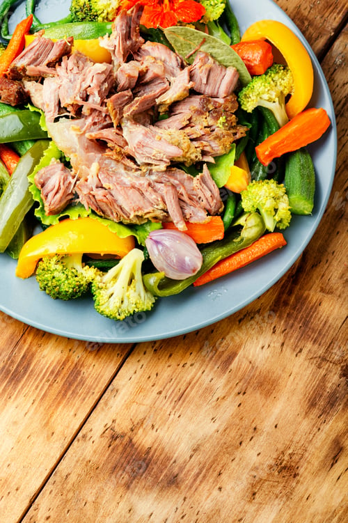 Preview: Appetizing Beef Stew With Seasonal Vegetables.Sliced Pieces Of Baked Beef Laid And Vegetables