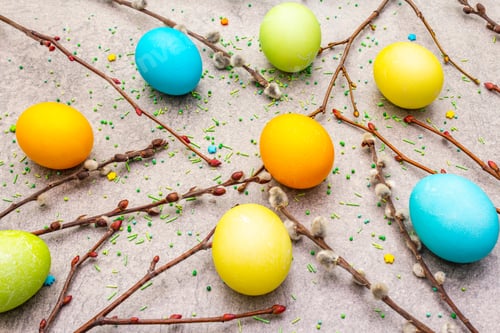 Preview: Easter Eggs Concept Willow Seals Branches, Sweet Topping On A Stone Background Wallpaper