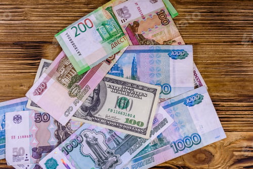 Preview: American One Hundred Dollars Banknote On Many Russian Rubles