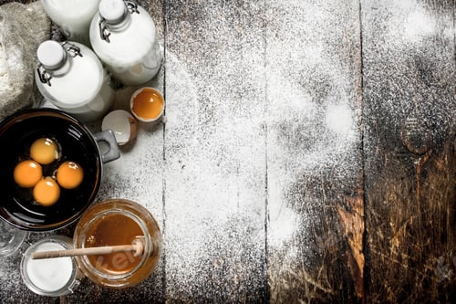 Preview: Baking Background. Ingredients For Fresh Dough. On A Wooden Background.