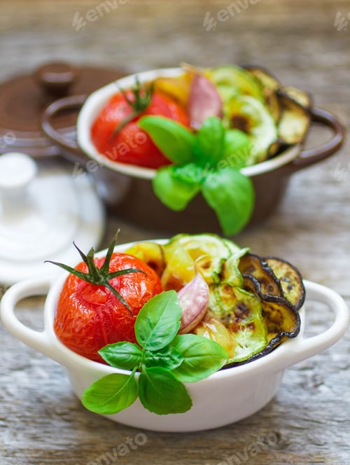 Preview: Vegetables, The Roasted - Eggplant, Zucchini, Tomatoes, Peppers And Garlic. Dietary Nutrition. Soft