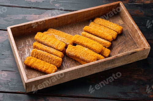 Preview: Frozen Fish Sticks. Organic Fish Food Set, In Wooden Box, On Old Dark Wooden Table Background